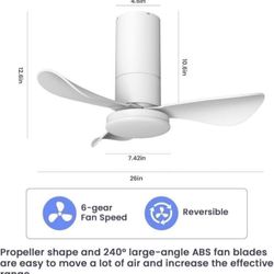 26 Inch Ceiling Fans with Lights, 3 Blade Low Profile Small Ceiling Fan with Light for Bedroom Dining Room Kitchen Patio (White