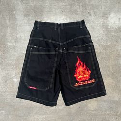JNCO Jeans Black Vintage Crown Flame Embroidery Jorts