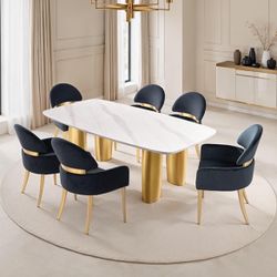 7 PIECE DINING TABLE SET GLAM STONE TOP STAINLESS STEEEL WHITE / GOLD / BLACK