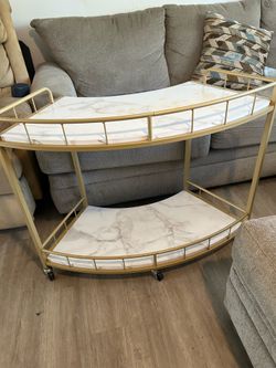 2 Shelf Bar Cart with White Faux Marble Shelves