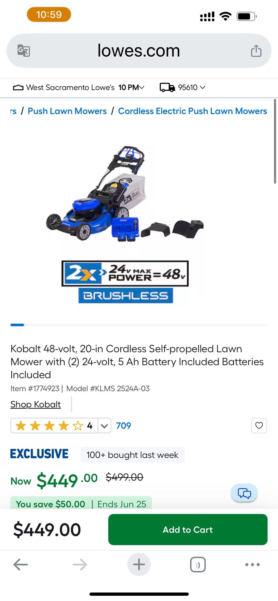 Kobalt 48-volt, 20-in Cordless Self-propelled Lawn Mower with (2) 24-volt, 5 Ah Battery Included Batteries Included
