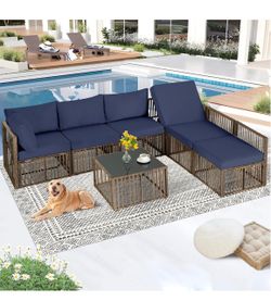 7 Piece Patio Furniture Set, Outdoor Wicker Sectional Sofa Set All-Weather PE Rattan Patio Conversation Set with Thick Cushion & Glass Coffee Table fo