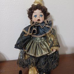 1992 BRINN'S 17" Porcelain Harlequin Mardi Gras Doll & Stand