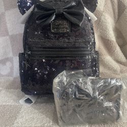 Black Sequin Loungefly Backpack And Wallet