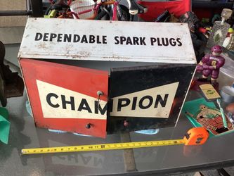 Vintage Champion Spark Plugs Service Station Metal Cabinet, locking doors  approximately 24” by 7.5” by 16” some surface rust but a great old piece 18