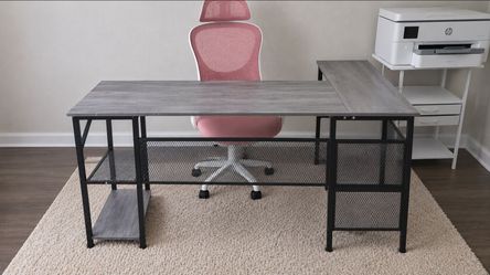 L-Shaped Industrial Desk with Storage Shelves