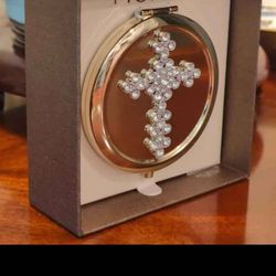 Monet Gold Tone Rhinestone Cross Compact Mirror