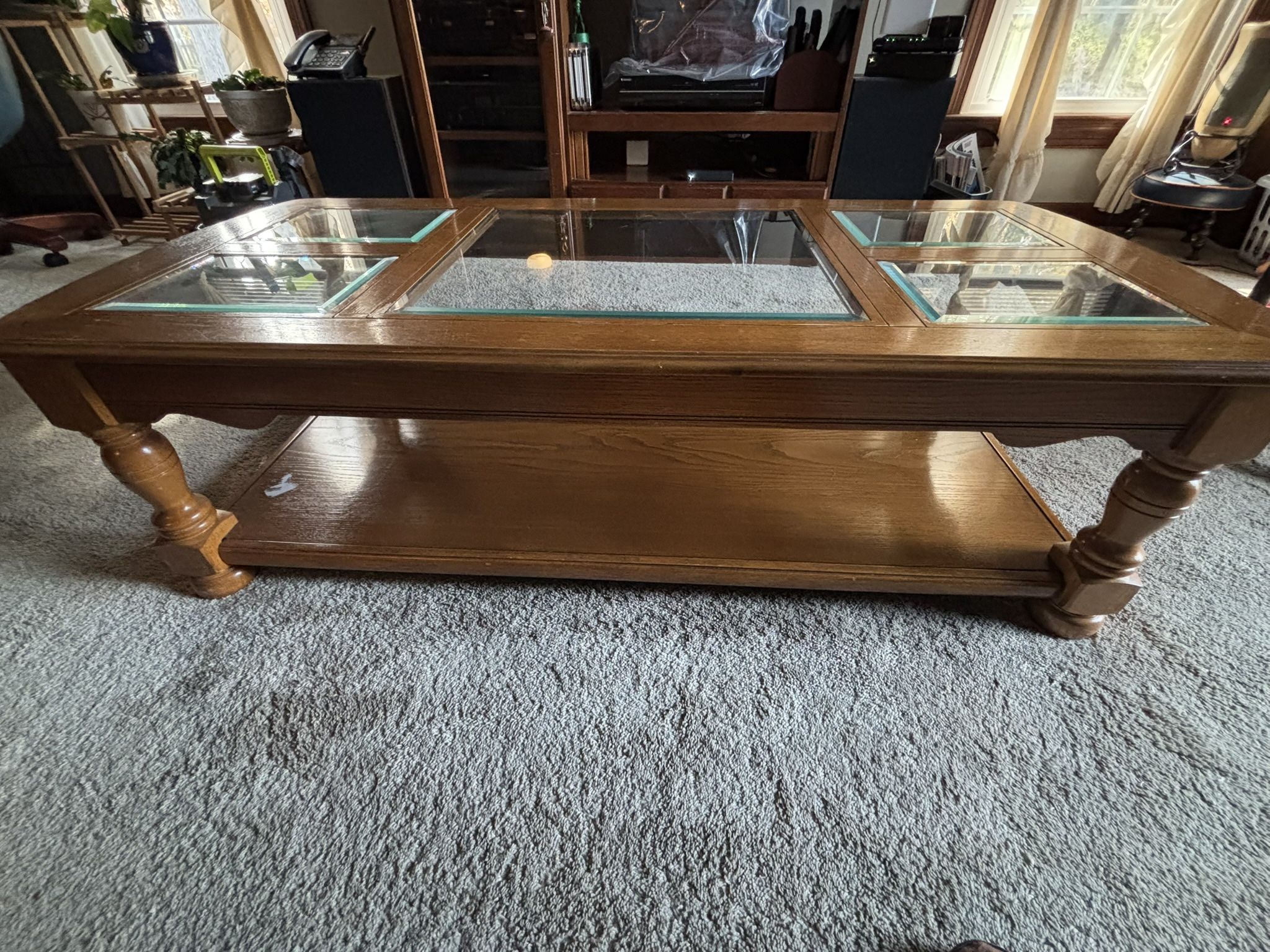 Wooden Coffee Table with Glass Panels + 2 matching End Tables