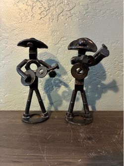 2 Vintage Nuts & Bolts 7” Metal Figurines w/ Guitars. Cowboy / Mariachi Men.