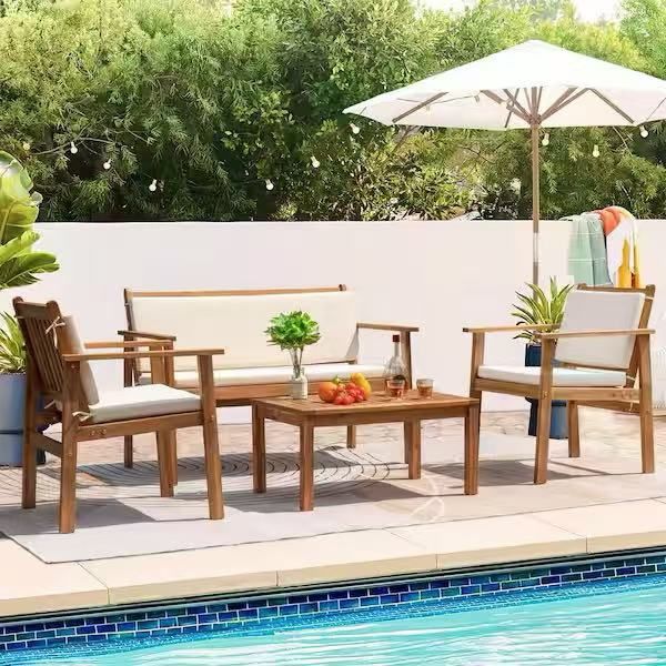 ❤️Patio Furniture 4 Piece Acacia Wood Outdoor Conversation Sofa Set