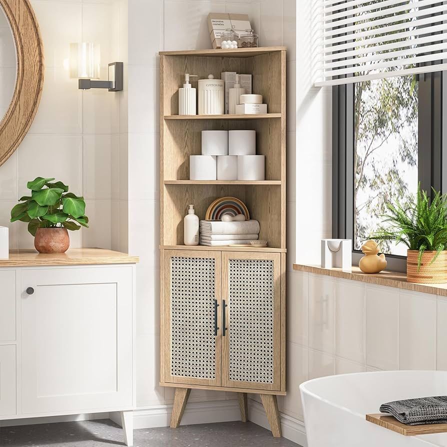 Corner Cabinet with Rattan Doors, Tall Farmhouse Corner Display Shelf with Bottom Storage Cabinet and 3 Adjustable Shelves Home Office Space Saver for