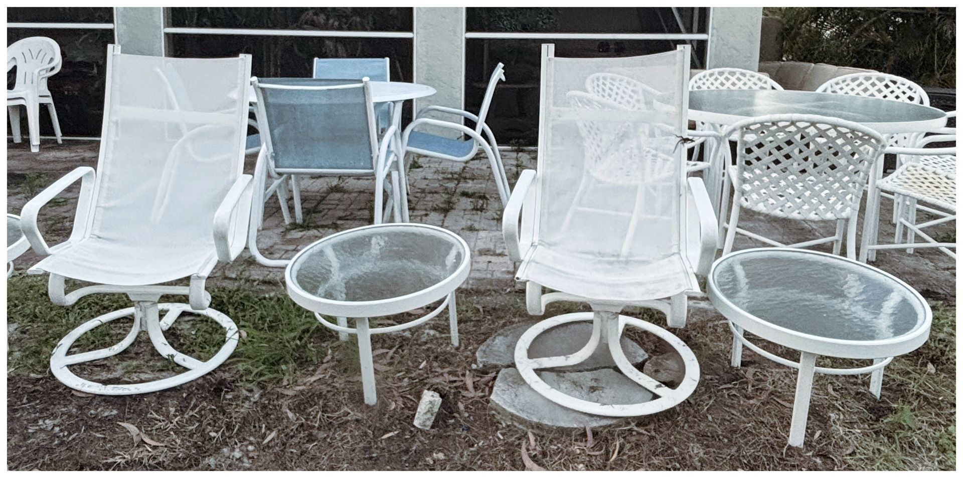 Outdoor White Patio Set Swivel Chairs, Round End Tables