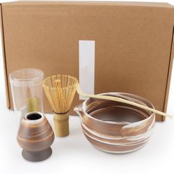Matcha Set, Japanese Ceramic Matcha Bowl Kit w/ Spout - Bamboo Whisk and Holder