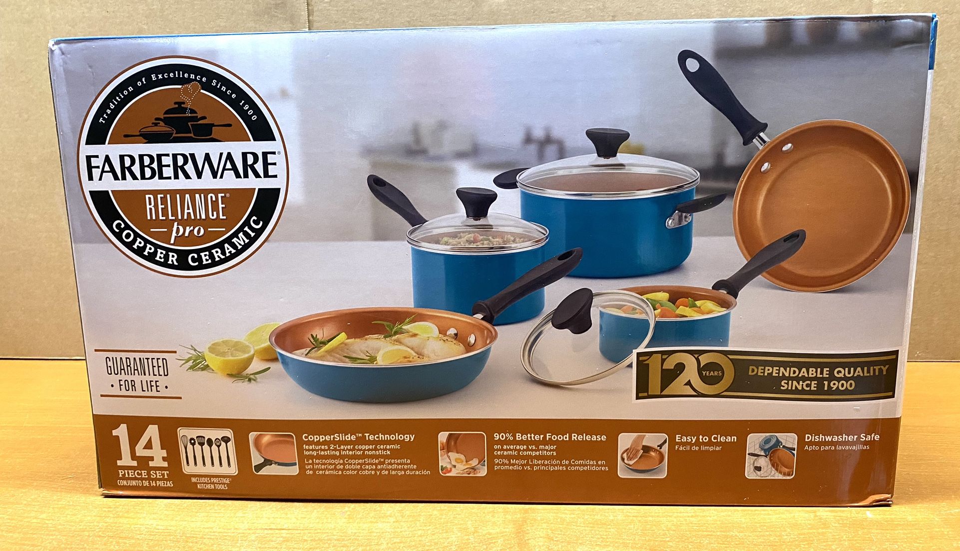 New Farberware Reliance Pro Copper Ceramic 14pc Nonstick Cookware Set with Prestige Tools, Aqua 