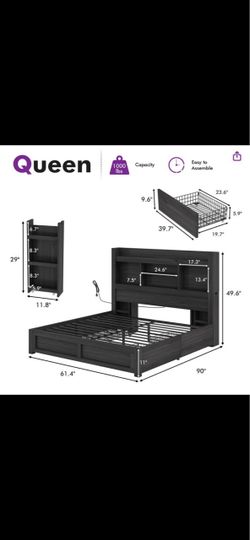 Queen metal led bed frame with outlets & led lights & drawers