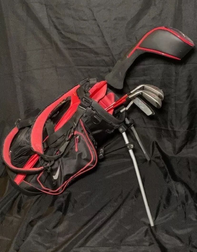 Nike VRS Juniors Stand Golf Bag 4 Way Dual Strap 23" Black/Red w/ 4 Clubs *READ*
