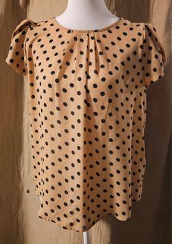 Papermoon L Tan Black Polka Dot Blouse Tulip Sleeve Pleated Keyhole Work Top