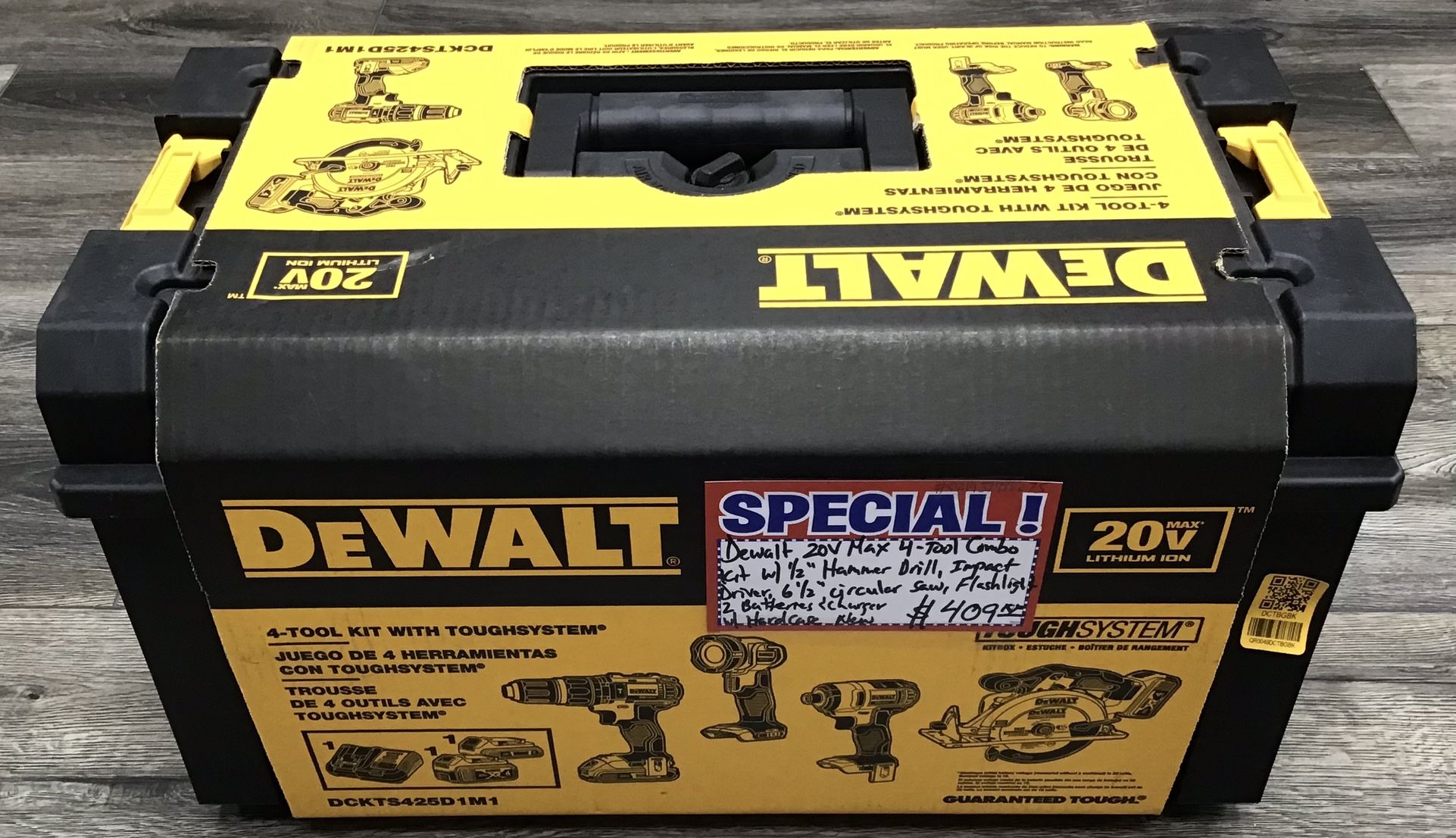 Dewalt 20V Max 4-Tool Combo Kit W/ 1/2” Hammer Drill, Impact Driver 6 1/2”, Circular Saw Flashlight, 2 Batteries & Charger W/ Hardcase New