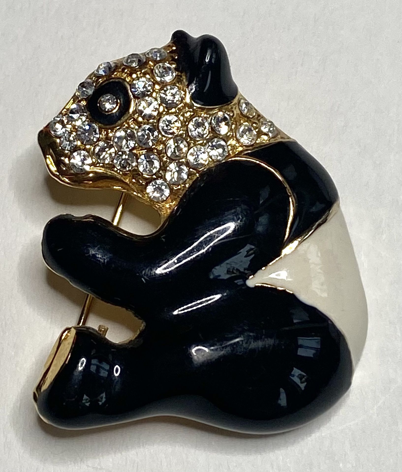 1980s Enamel & CZ Panda Brooch Pin 1.25” tall x 1” w