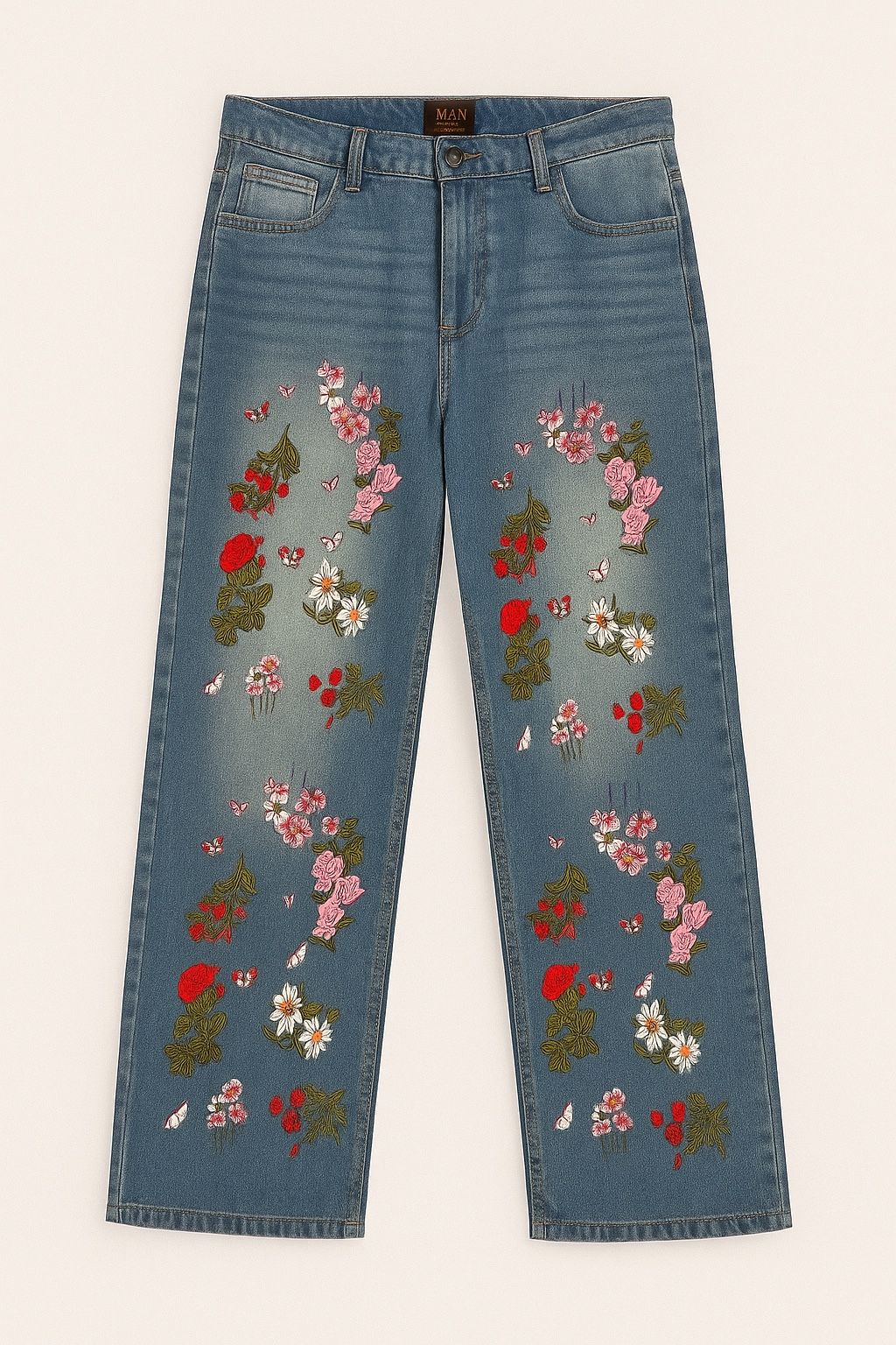Embroidered floral jeans with a touch of boho charm #floraljeans oversize baggy pants