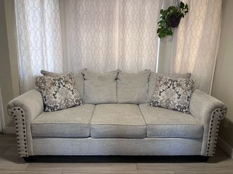 Light Beige Fabric Sofa  and Loveseat with Nailhead Trim