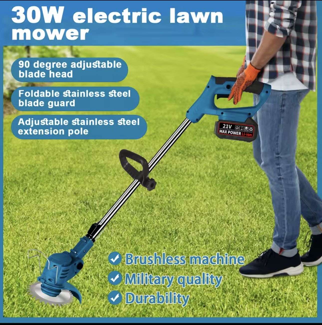 Electric Lawn Mower Rechargeable Li-ion Battery Cordless Grass Trimmer Household Garden Home Powerful Copper Motor
