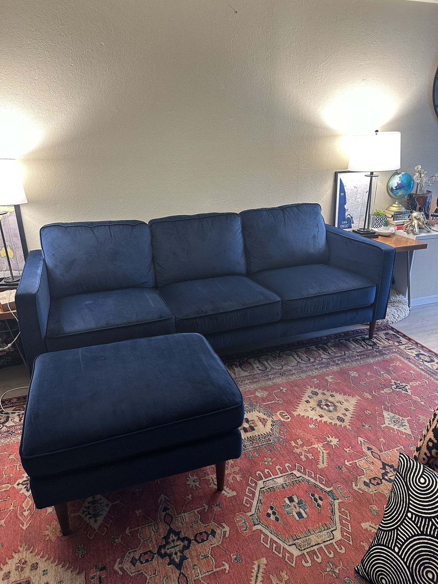 Mid-Century Modern Blue Velvet Couch + Ottoman – $150 (La Mesa)