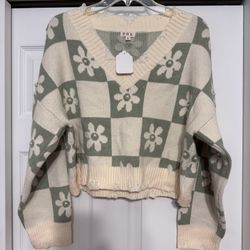 Brand New POL Daisy Pearl Beaded Sage & Ivory Distressed Sweater - Size Small