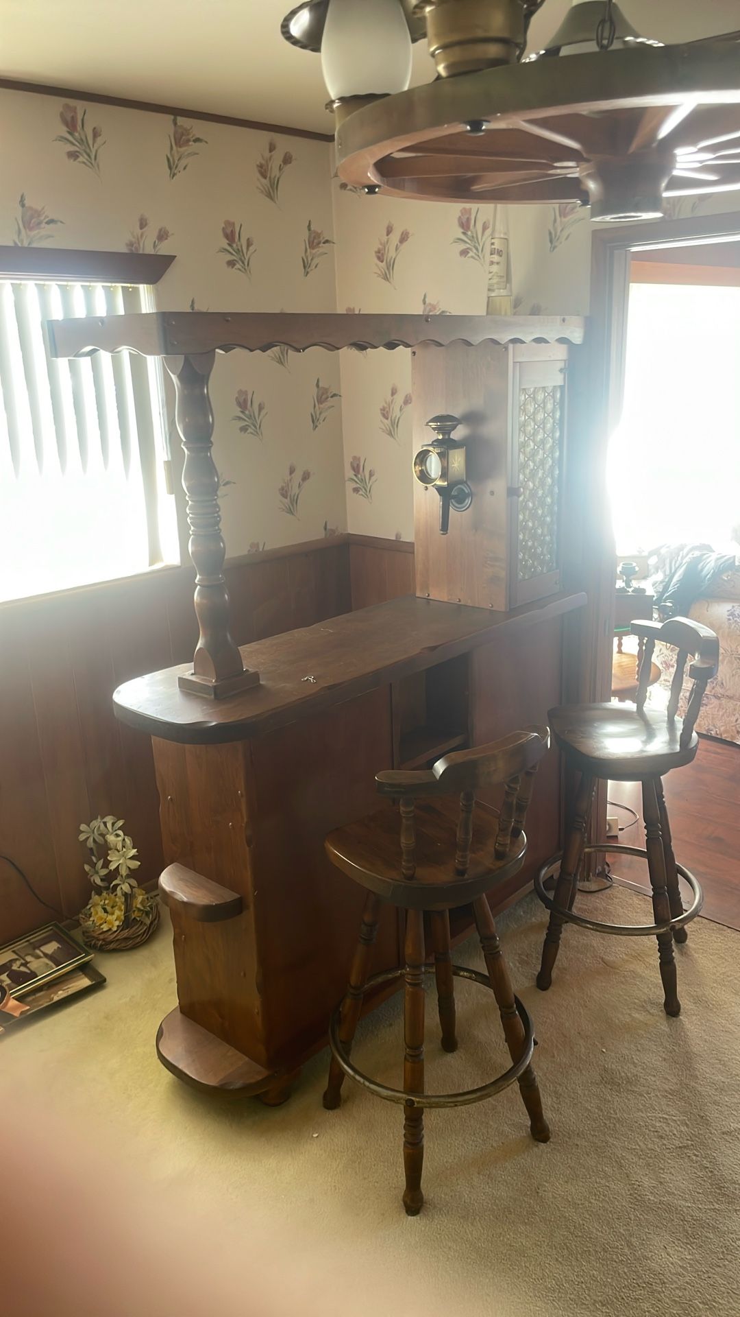 Wooden Bar With Two Bar Stools 