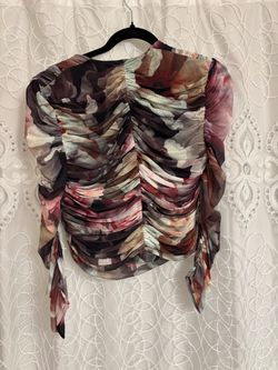 Floral Ruched Mesh Long Sleeve Top