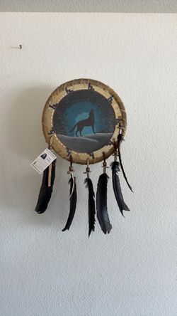 Navajo Native American Clara Vasquez Blue Moon Coyote Feather Wall Art
