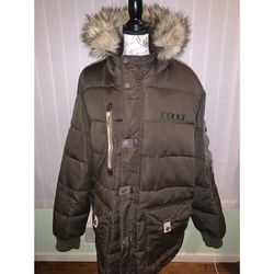 Men’s brown puffer coat long sleeve, fur hoodie, winter coat, designer