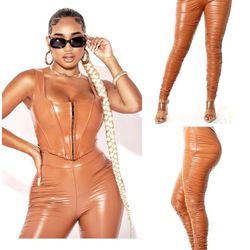 Sexy Large Camel Brown 2 Pc Corset Bustier Top And Pants/Leggings