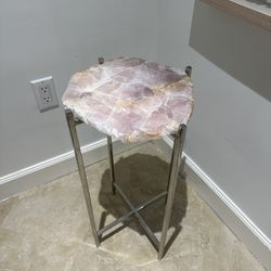 Small Natural Stone Rose Quartz Side End Table With Silver Cross Legs 