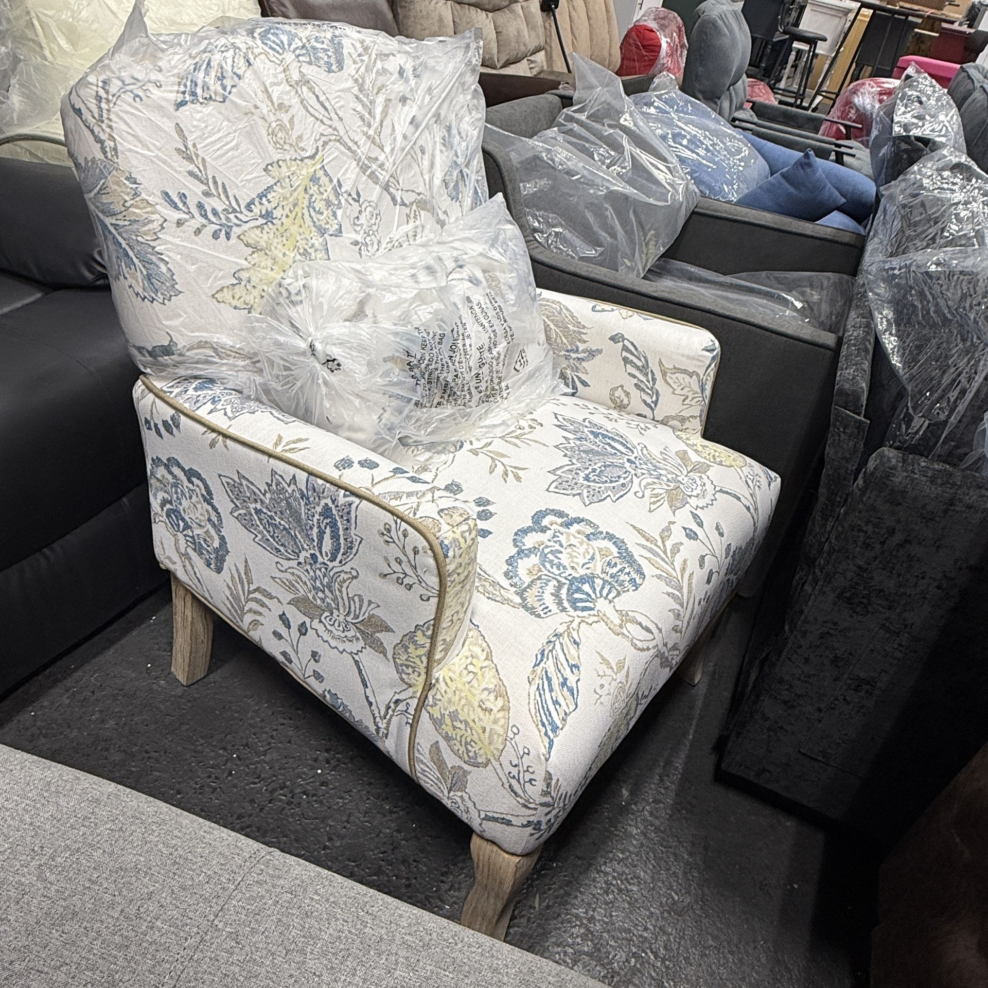 Simore Floral Accent Chair, High Back Living Room Chairs, Upholstered Wingback Modern Button Printed Fabric Armchair for Reading Bedroom with Wood Leg