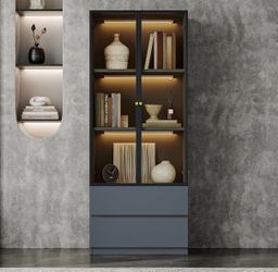 63” Lighted Display Cabinet with Glass Door & 3-Tier Shelves Modern Curio Cabinet with Large Storage for Collectibles, Wooden Dining China Hutch , Gra