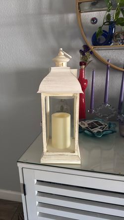 Battery Operated Brushed White Candle Lantern - 12 Inch