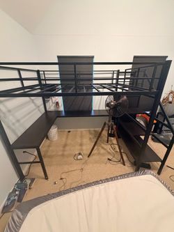 OBO Full size loft bed with coat storage, L shaped desk, and stairs