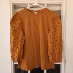 A New Day Mustard Yellow Eyelet Sleeves Knit Blouse Size Large Classic