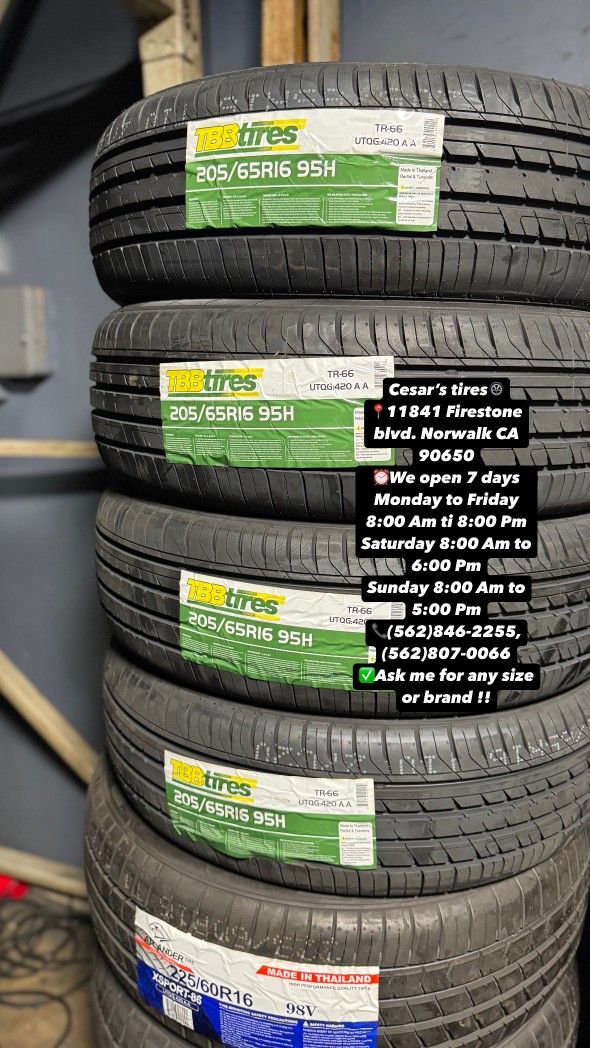 205/65R16 TBB A SET OF FOUR NEW TIRES, INCLUDES MOUNTING AND BALANCING WITH WARRANTY, ASK ME FOR ANY SIZE OR BRAND, WE HAVE THE BEST PRICES!!