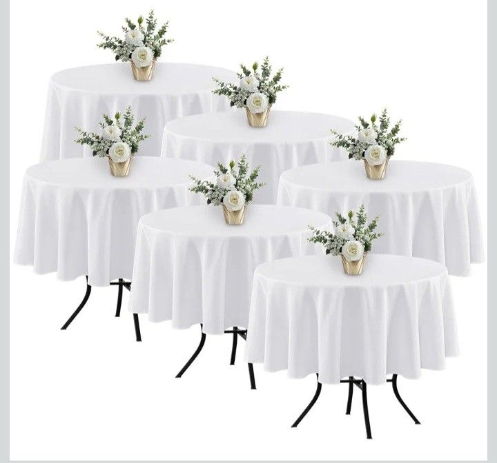6 Pack White Round Table Clothes - 70 Inches in Diameter - Stain Resistant and Washable Tablecloths, Polyester Fabric Table Covers for Wedding