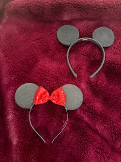 EUC Disney Mickey Minnie Mouse Classic Red Bow Black Ears Sequin Headband Pair