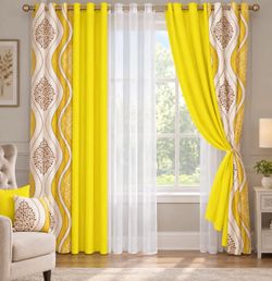 Yellow Floral Panel Eyelet Curtains Set