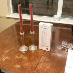 Glass Candle Sticks With 15 Burgundy 10” Candles