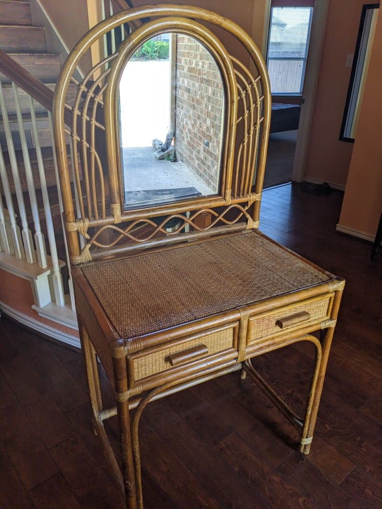 Large Vintage Wicker Vanity With Mirror. Sturdy. 2 Drawers