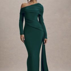 GREEN RUCHED ASYMMETRIC MAXI DRESS WITH DRAPE