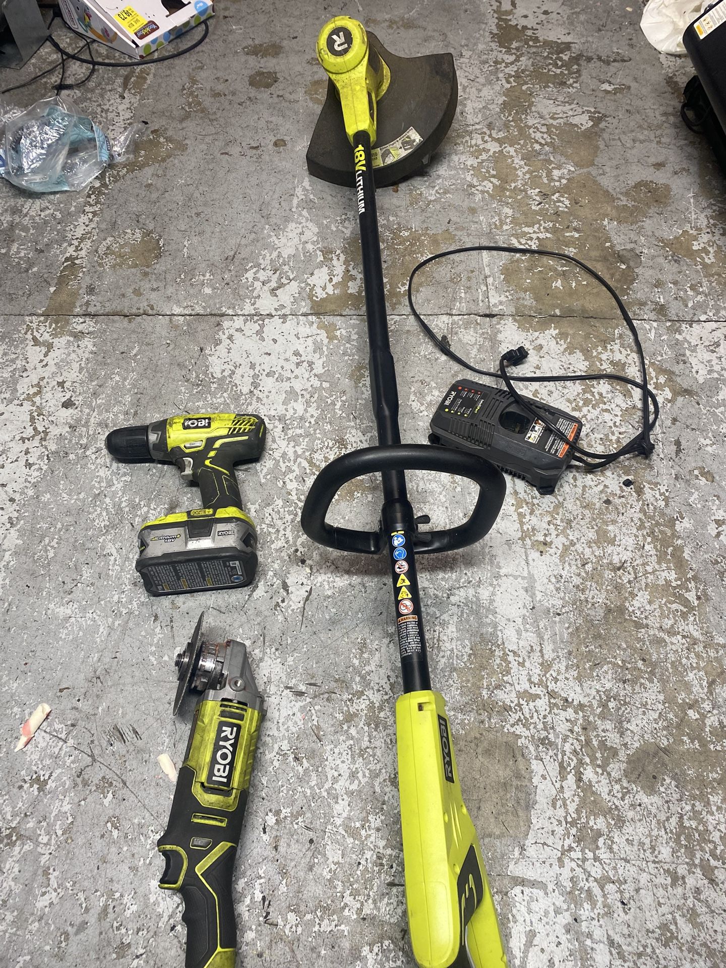 Ryobi Drill Angle Grinder Edge Trimmer Battery And Charger