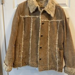 Wilsons Leather Classic Beige Fur Trim Button Jacket Women’s Size Large