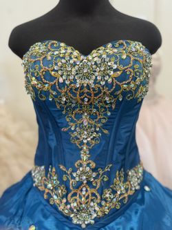 Teal Blue / Gold xv dress For Sale
