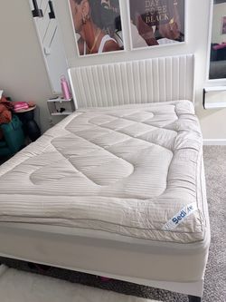 Queen, bed frame, and mattress and mattress pad